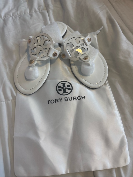 Tory Burch Shoes - Tory Burch White Logo Thong Sandals with Gold Accents
